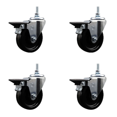 Service Caster 4 Inch Phenolic 38 Inch Threaded Stem Caster Set with Brake SCC-TS20S414-PHS-PLB-381615-4